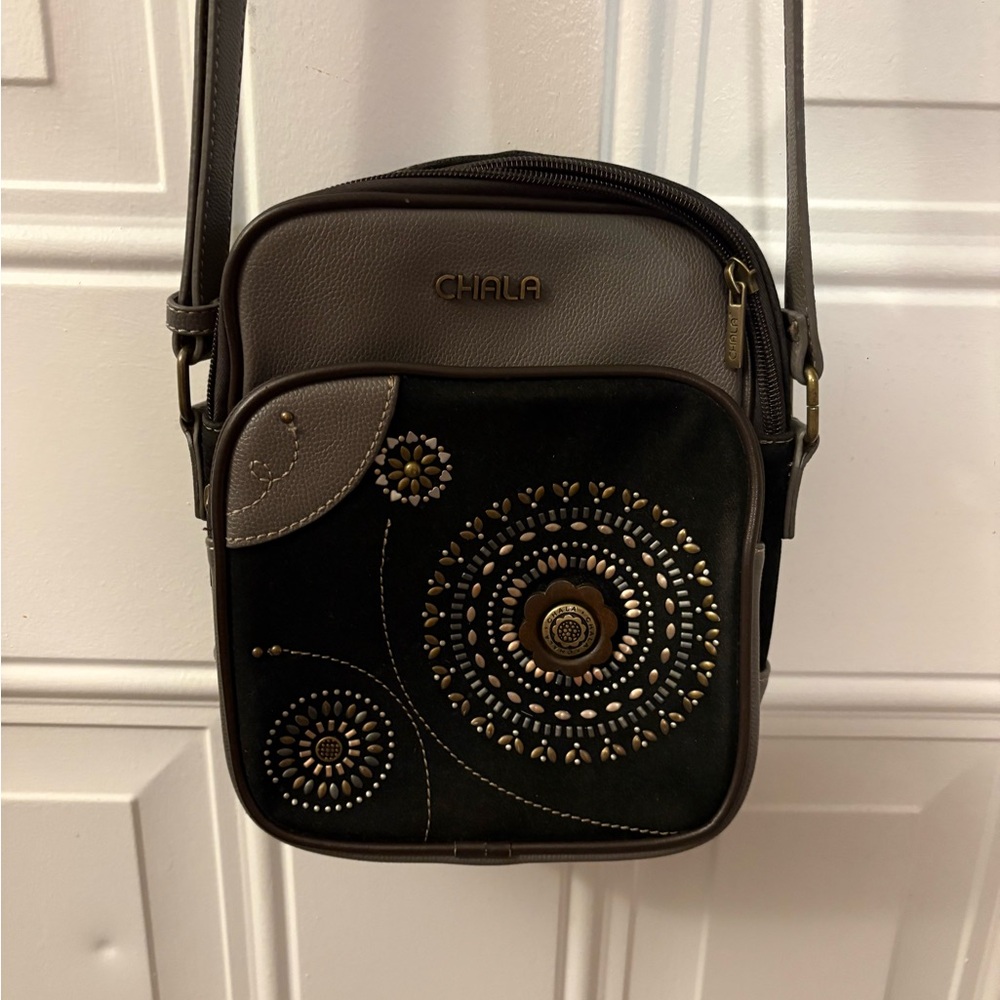 Chala Black and Gray Floral Crossbody Bag